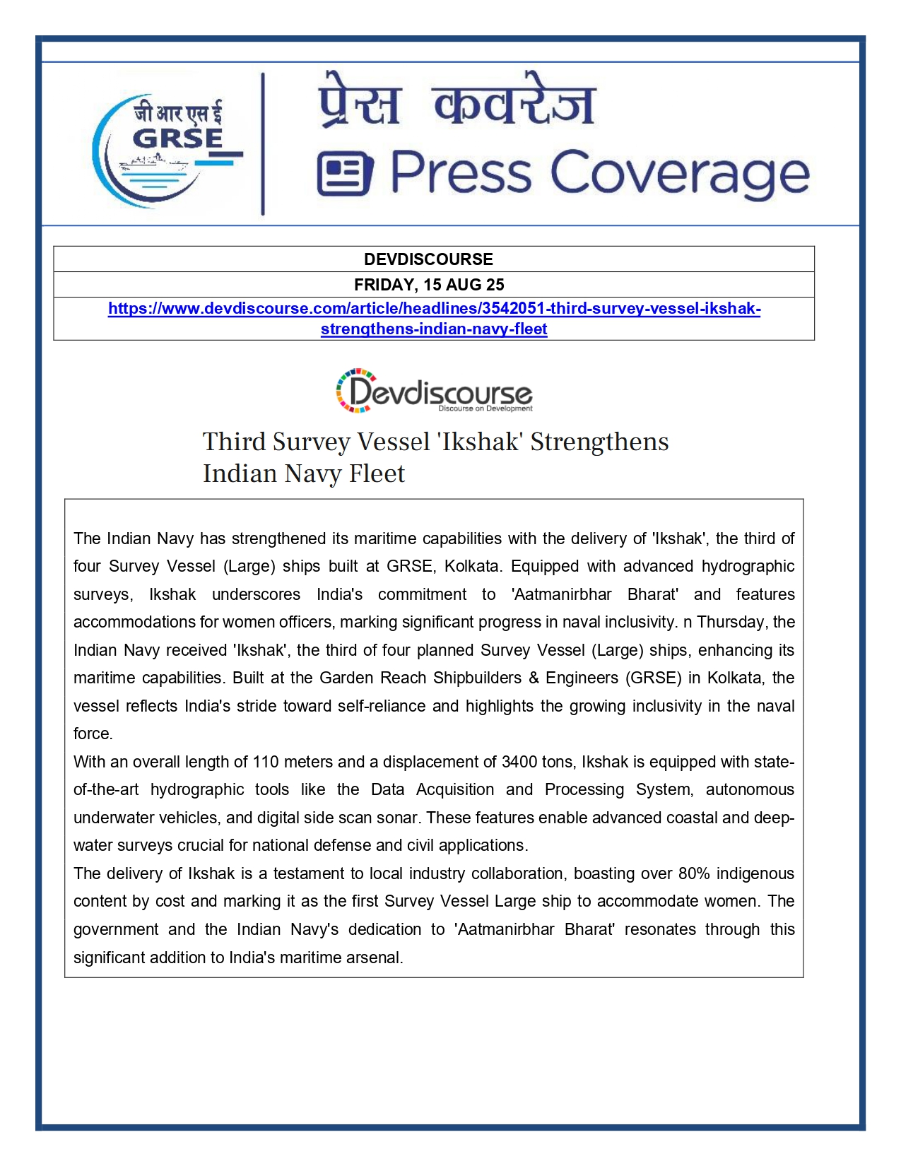 Press Coverage : 15 Aug 25:Navy takes delivery of Third Survey Vessel 'Ikshak' from GRSE
